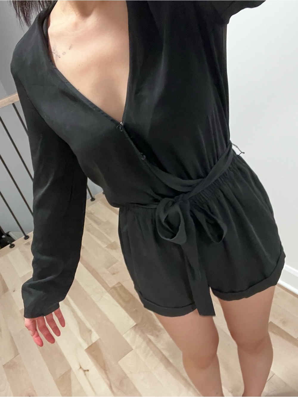 Guess Black Long-Sleeve Wrap Romper